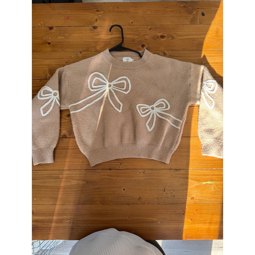 Luna Ivy Tan Knit Bow Sweater Embroidered‎ Crewneck CC0914 Small